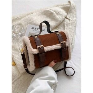 Faux Suede Satchel Fur Trim Crossbody Bag Top Handle Buckle Detail